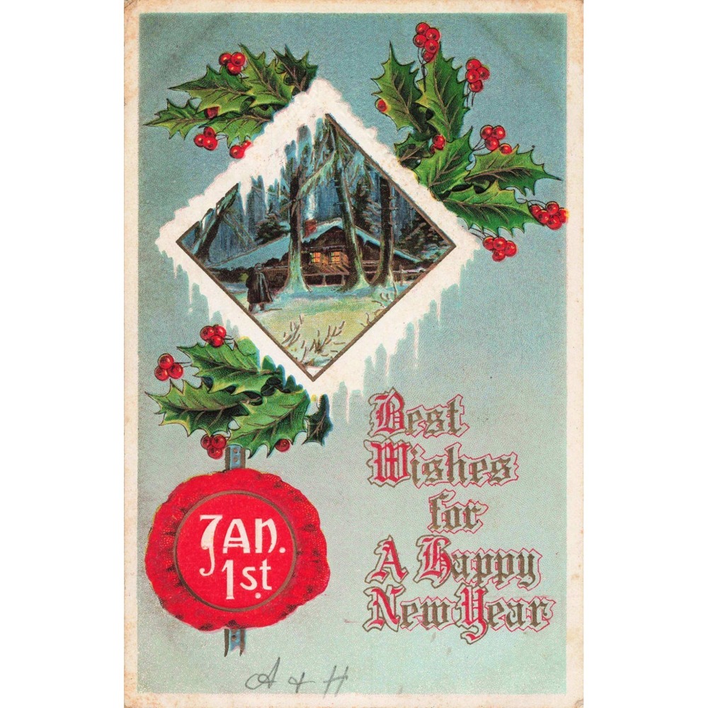 Antique 1911 New Year Postcard Winter Cabin Holly Union NY Postmark 1c Stamp - Picture 1 of 2